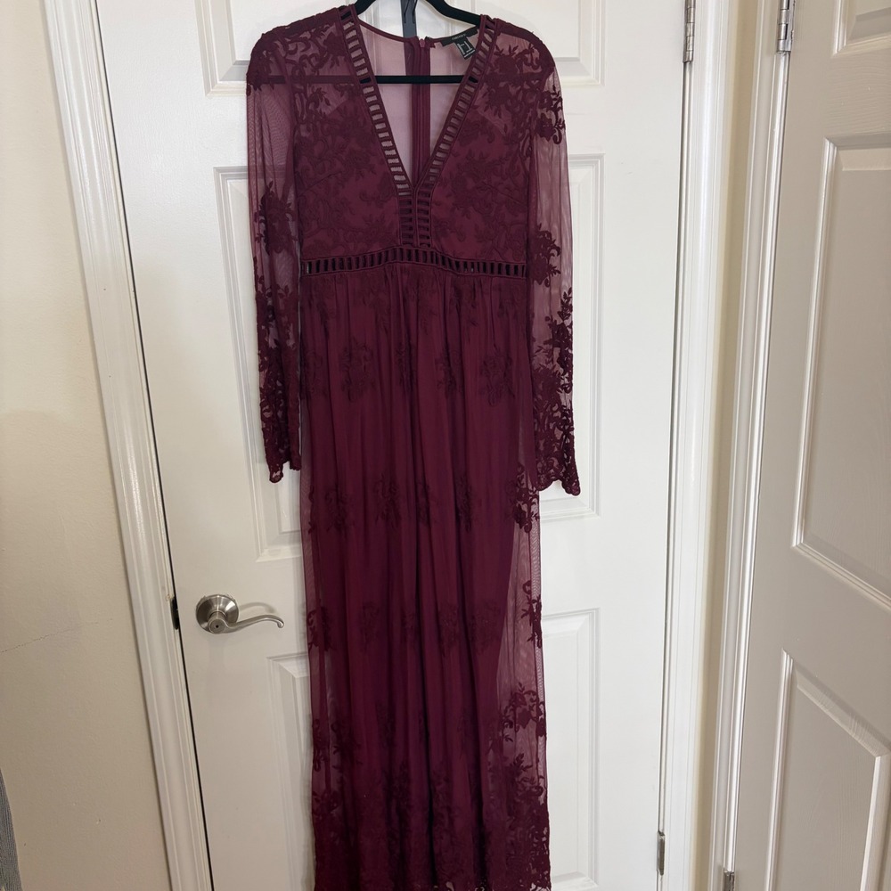 Whimsygoth Burgundy Lace Mesh Long Sleeve Maxi Dress V-Neck Boho Wine Red Medium